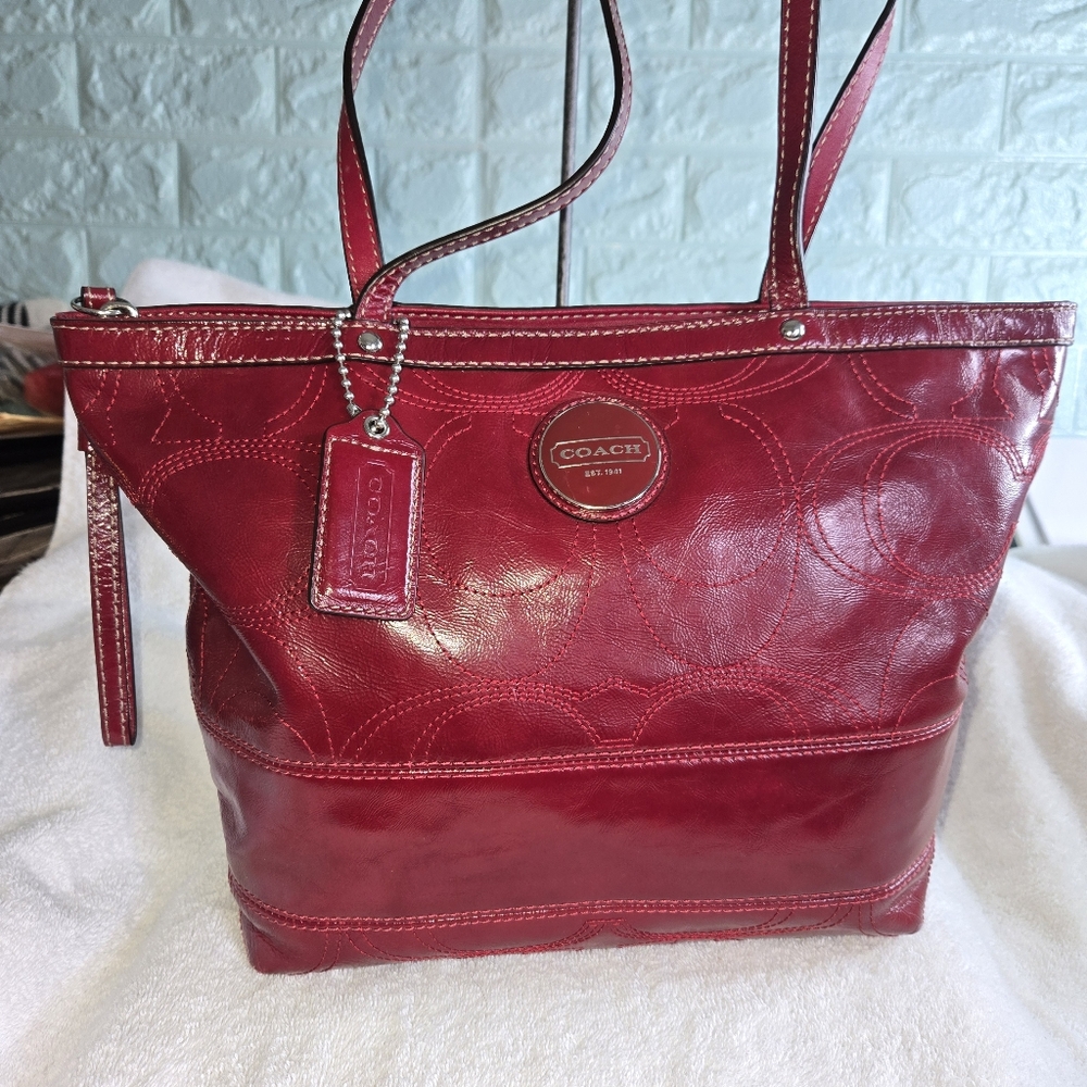 Coach Red Leather Tote with Glossy Finish Vintage